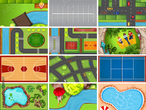 Set of top view aerial scenes in nature and outdoors