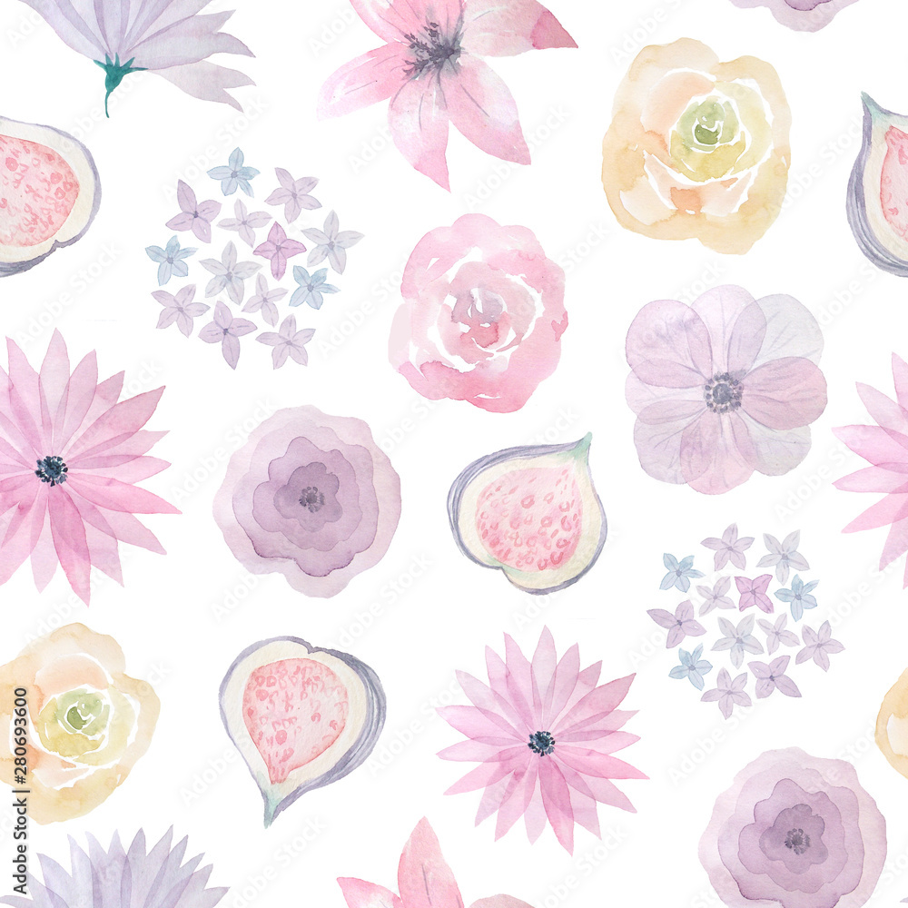 Watercolor flowers and leaves seamless pattern
