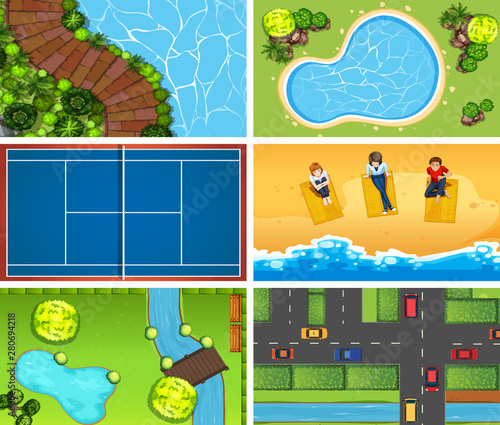 Set of top view aerial scenes in nature and outdoors