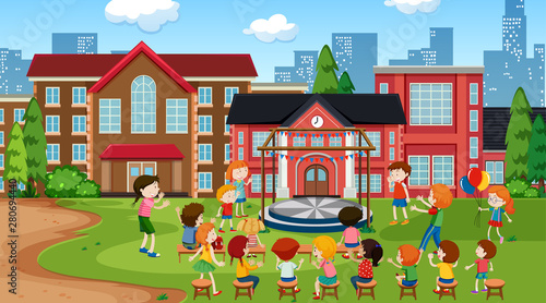 Active kids playing in outdoor scene