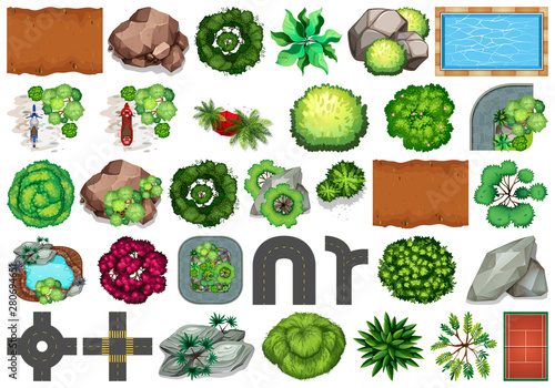 Collection of outdoor nature themed objects and plant elements