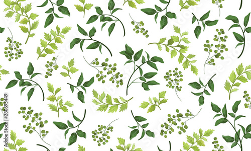 Beautiful pattern seamless of different tree  natural branches  green leaves  herbs  hand drawn watercolor style fresh rustic eco. Vector decorative cute elegant illustration isolated white background