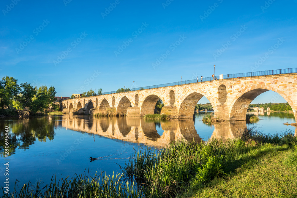 View at the Medieval bridge over river Duero in Zamora - Spain