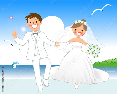 走る新郎新婦