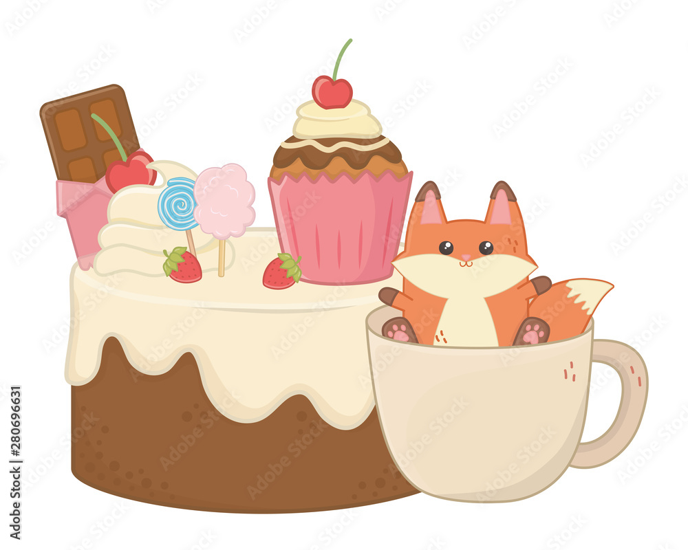 Kawaii of fox cartoon with cake design Kawaii of fox cartoon with cake design