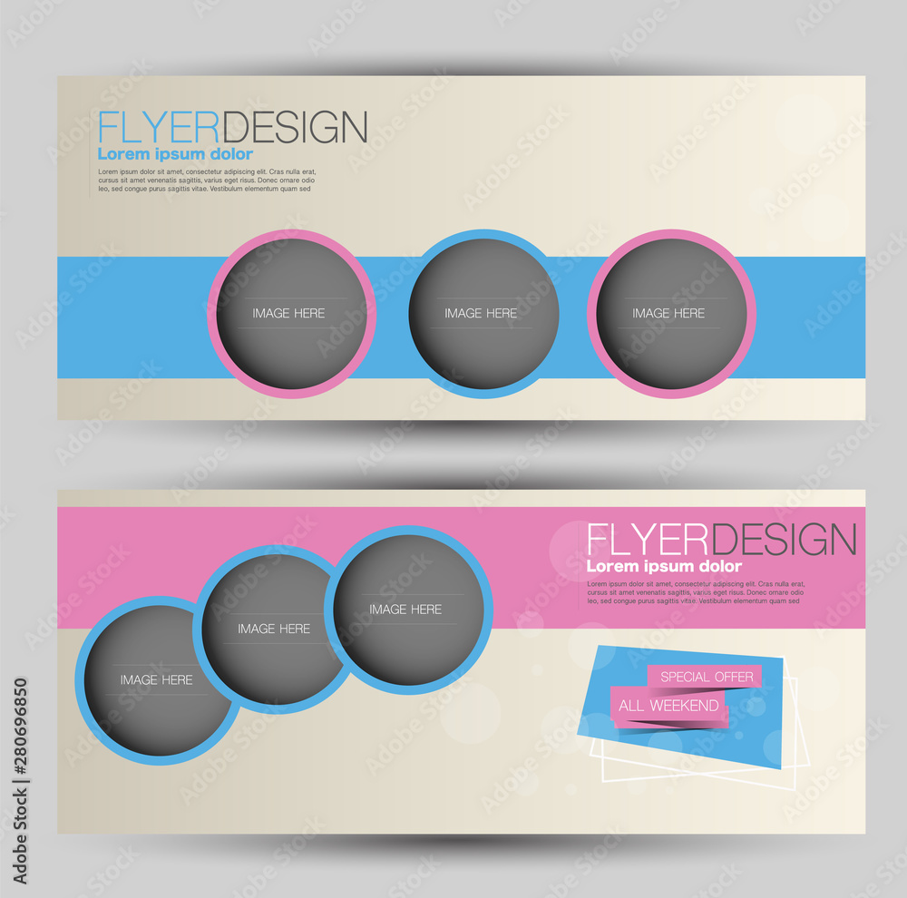 Flyer banner or web header template set. Vector illustration promotion design background. Pink and blue color. Flyer banner or web header template set. Vector illustration promotion design background. Pink and blue color.