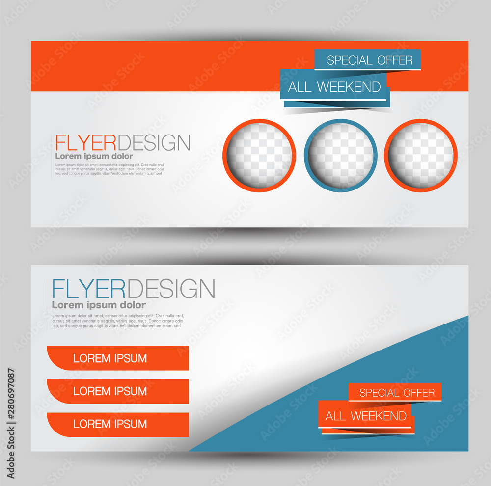 Horizontal banner or web header template set. Vector illustration promotion design background. Blue and orange color. Horizontal banner or web header template set. Vector illustration promotion design background. Blue and orange color.