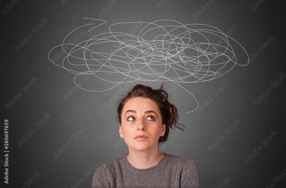 Girl with question marks and direction concept Girl with question marks and direction concept