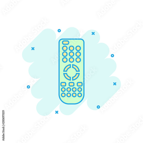 Remote control icon in comic style. Infrared controller vector cartoon illustration on white isolated background. Tv keypad business concept splash effect.