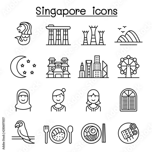 Singapore icon set in thin line style