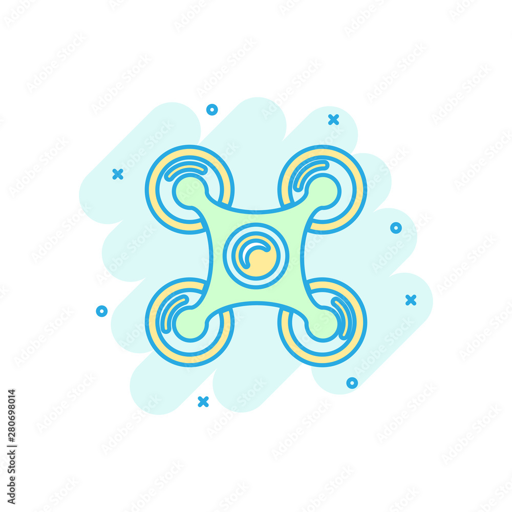 Fototapeta premium Drone quadrocopter icon in comic style. Quadcopter camera vector cartoon illustration on white isolated background. Helicopter flight business concept splash effect.