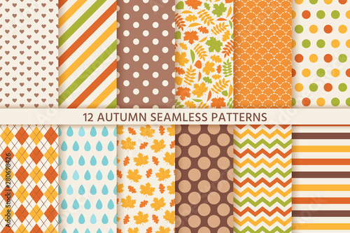 Autumn pattern. Vector. Seamless background with fall leaves. Floral and geometric texture. Seasonal wallpapers. Colorful cartoon illustration in flat design. Yellow, orange print.