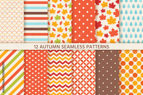 Autumn pattern. Vector. Seamless background with fall leaves, polka dot, stripes and zig zag. Set seasonal geometric wallpapers. Abstract fabric texture. Colorful cartoon illustration in flat design.