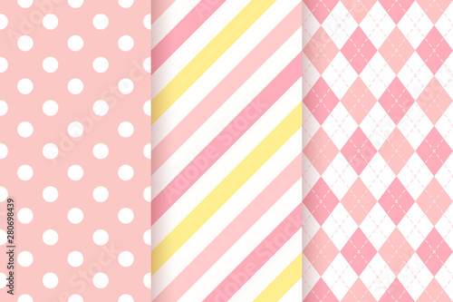 Baby pattern. Kids seamless textile print. Pink pastel background. Vector. Baby girl geometric texture. Cute childish backdrop with polka dots, stripe, rhombus. Flat design. Modern illustration.
