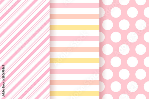 Baby pattern. Kids seamless background. Pink pastel textile print. Vector. Baby girl geometric texture. Cute childish backdrop with polka dots, stripes. Flat design. Modern illustration.