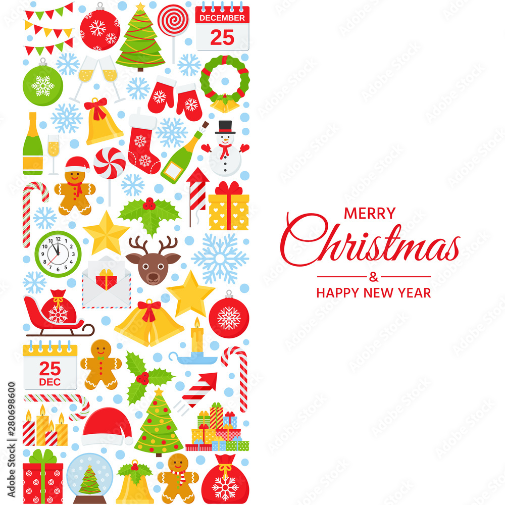 Christmas background. Vector. Happy New year greeting card. Holiday decoration banner with Christmas icons. Creative template poster. Cartoon square illustration. Xmas party postcard in flat design