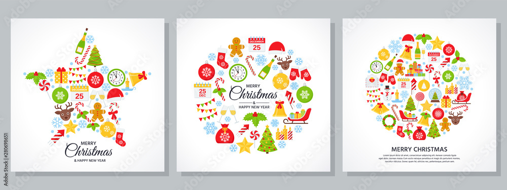 Christmas background. Vector. Decoration greeting card. Banner with Christmas icons on white backdrop. Holiday poster. Cartoon square illustration. Set Xmas party template in flat design