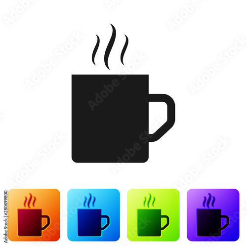 Black Coffee cup flat icon isolated on white background. Tea cup. Hot drink coffee. Set icon in color square buttons. Vector Illustration