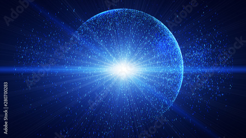 The dark blue background has a small blue dust particle that shines in a circular motion, explosion light ray beam.
