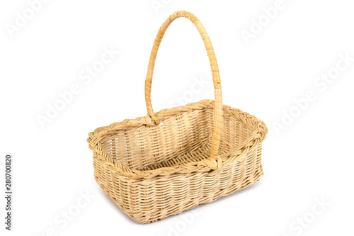Weave bamboo and rattan wood tray basket with handle isolated on white background. Wicker wooden basket isolated