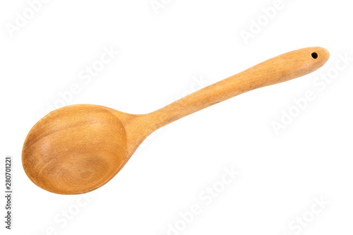 Top view of wood ladle isolated on white background. Curved carving wood ladle scoop isolated