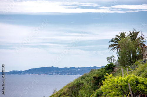 hill with palm trees above blue sea, Halkidiki Greece