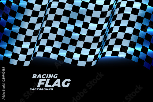 racing checkered flag background in blue neon lights