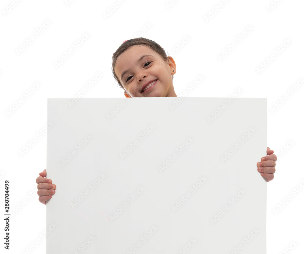 Young Smiling Girl Holding White Board with Copy Space, Advertisement Concept Young Smiling Girl Holding White Board with Copy Space, Advertisement Concept
