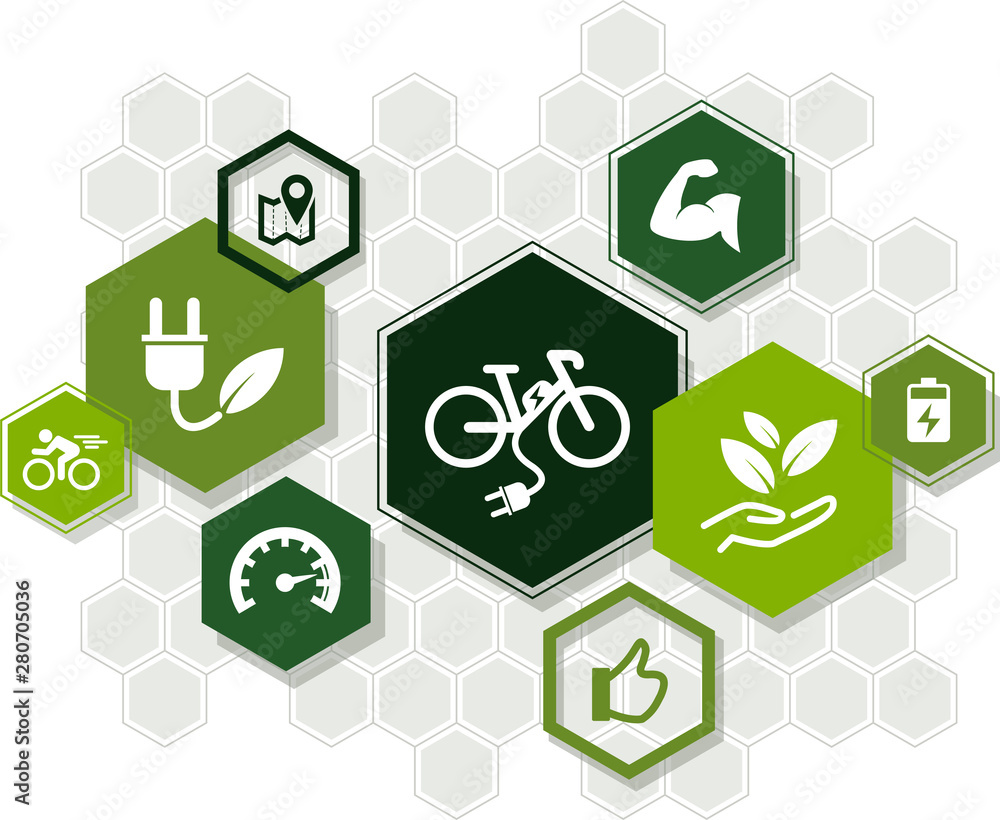 e-bike / pedelec icon concept: aspects of ebike riding / ecological mobility – vector illustration e-bike / pedelec icon concept: aspects of ebike riding / ecological mobility – vector illustration