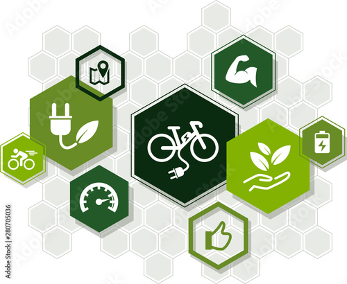 e-bike / pedelec icon concept: aspects of ebike riding / ecological mobility – vector illustration
