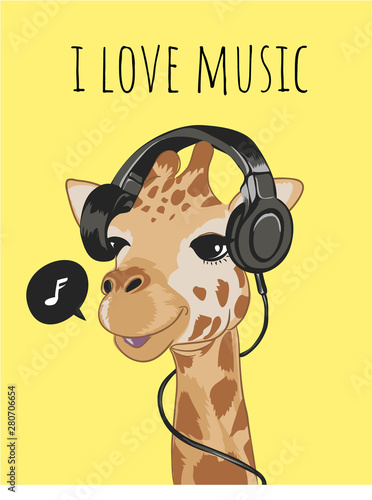 cute giraffe on headphone cartoon illustration
