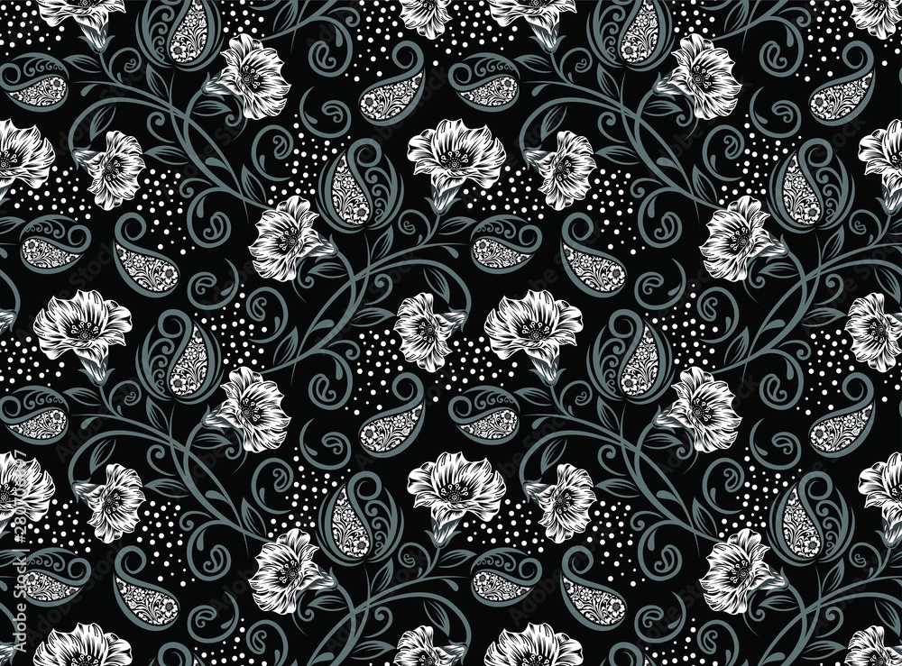 Seamless black and white rose flower background Stock Vector | Adobe Stock