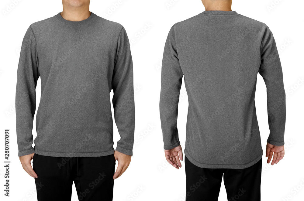 Man wearing gray long sleeve t-shirt isolated on white background. Front and back view. - obrazy, fototapety, plakaty 