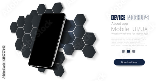 Smartphone frameless blank screen, rotated position. 3d isometric phone. Black hexagon tiles. Modern cover design. Ad banner. Abstract background. Vector illustration.
