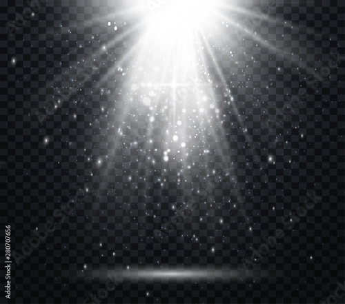 	 White spotlights. Light Effects. Realistic falling snowflakes. Vector illustration
