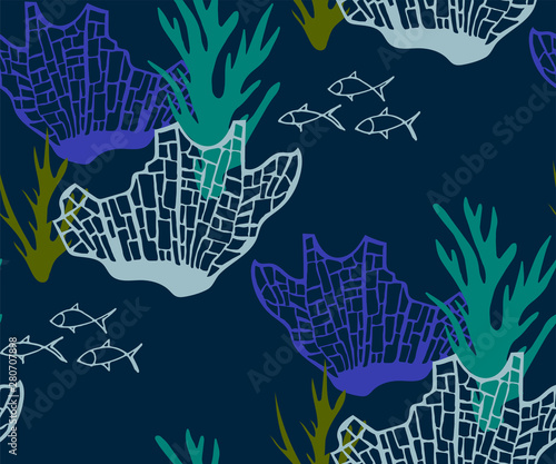 Hand drawn underwater natural ocean elements. Seamless pattern with reef corals. Vector sketch