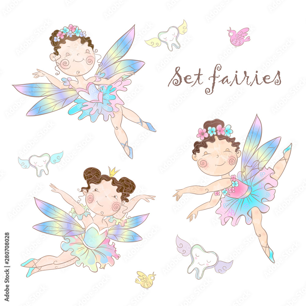 Set of cute fairies. Tooth fairy. Vector illustration. Set of cute fairies. Tooth fairy. Vector illustration.