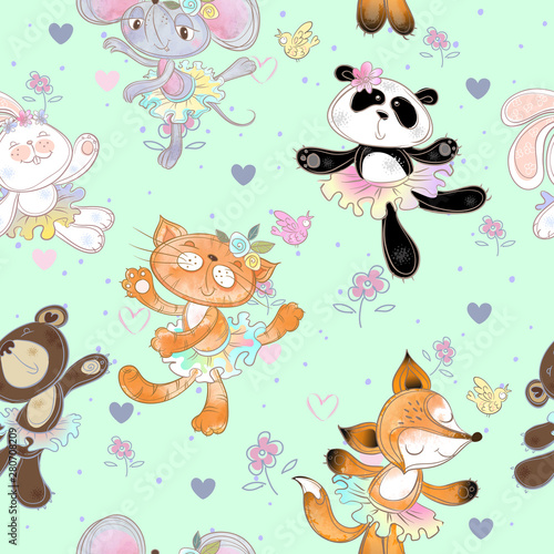 Seamless pattern with dancing animals. Kitty Fox mouse bear and Bunny. Ballerinas. Vector.