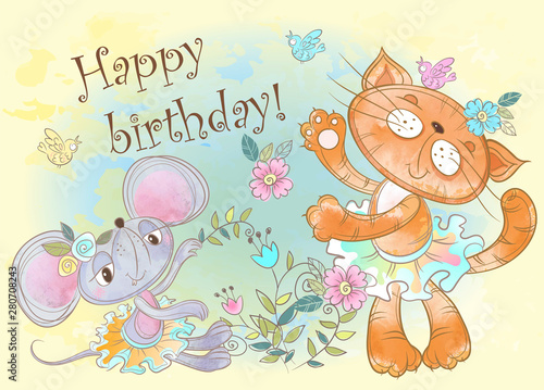 Birthday card with cute cat and mouse. Vector. Watercolor.