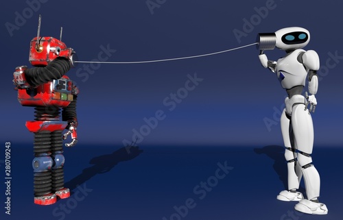 Two robots with tin can phones. 3d render