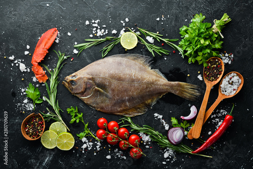Fotografie, Obraz Raw flounder fish with spices