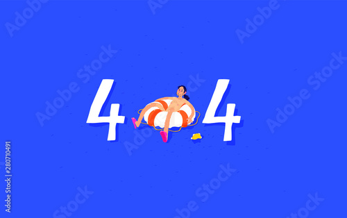 Illustration for page 404. User in the ocean on a life preserver. System administrator with a tambourine on a blue screen of death. Metaphor. Cartoon flat style.