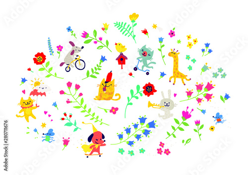 Illustration of a pattern of flowers and funny animals. Vector. Cartoon style. Floral elements for cards or greetings. Children's cosmetics, clothing, club. Flower ornament.