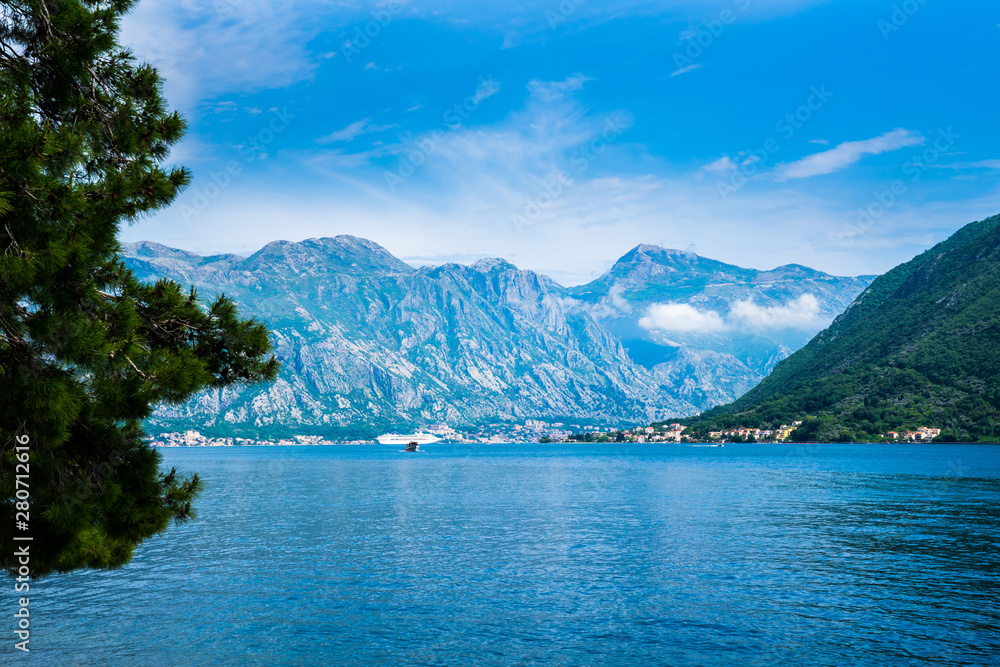 Montenegro, Impressive mountains surrounding fjord of kotor bay nature landscape in summer vacation time