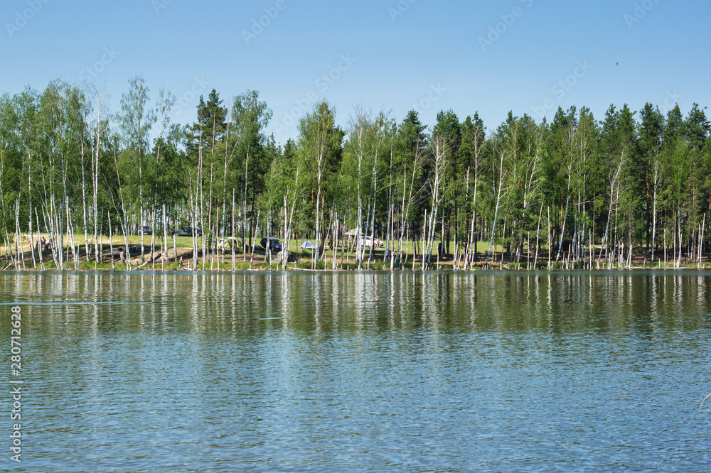 view of the lake with birches growing around on a bright sunny day, campers in the distance view of the lake with birches growing around on a bright sunny day, campers in the distance