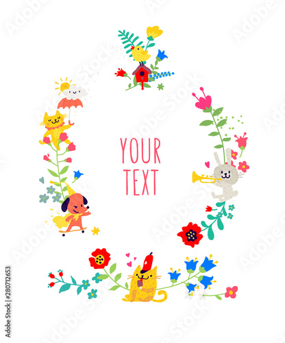 Drawn animals and floral elements. Animals play among flowers. Children's cartoon, doodle style. Illustration for kindergarten or club. Summer, spring and positive mood.