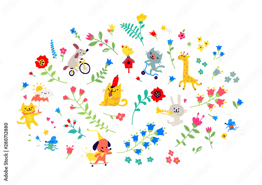 Illustration of a pattern of flowers and funny animals. Cartoon style. Floral elements for cards or greetings. Children's cosmetics, clothing, club. Flower ornament.