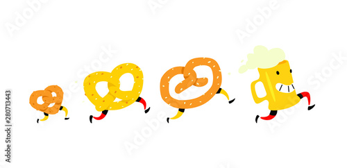 Illustration of running bagels. Running pretzel with friends. Vector. Crunchy characters with legs. Icons for sites. Sign, logo for the store. Delivery of fresh bakery products.