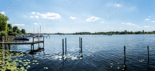 Photography panoramic shot of Havel River near Heiligensee, Berlin on sunny summer day