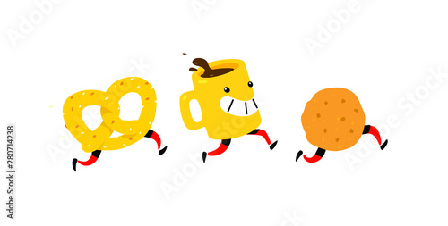 Illustration of running snacks. Vector. Characters cup of coffee, cookies, bagel. Icons for the site on a white background. Sign, logo for a shop, confectionery, coffee house or bakery. Food delivery.